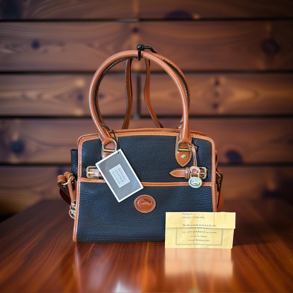 Dooney & Bourke Black Pebbled Leather Satchel with British Tan Trim with Tags
